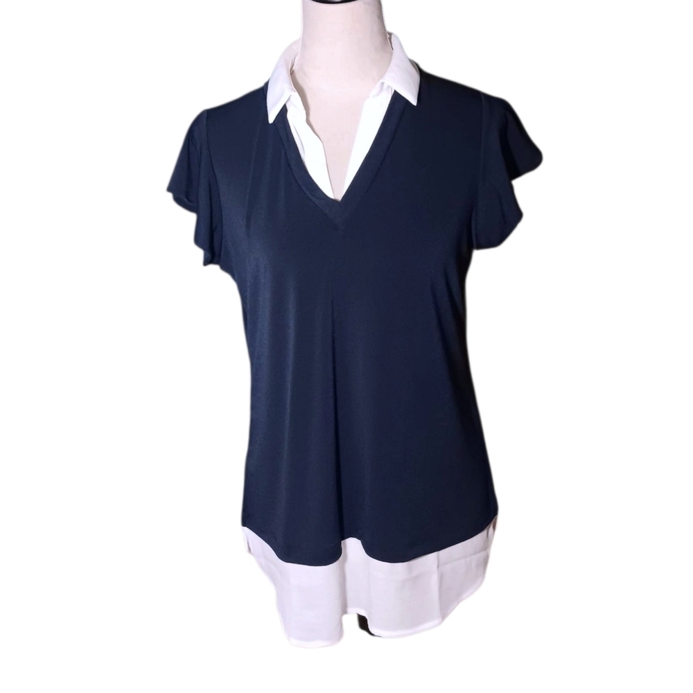 NWT Adrianna Papell Navy & White Blouse - Picture 1 of 8